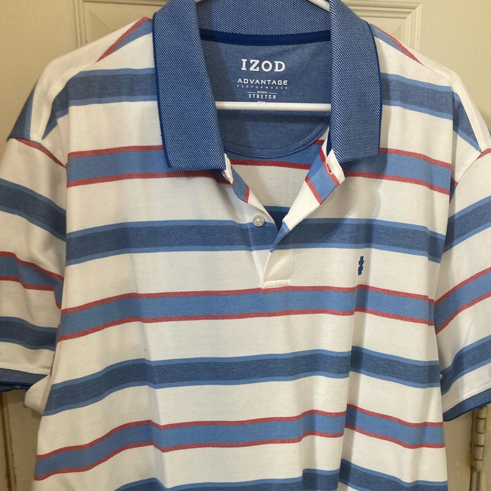 Izod Men’s Advantage Polo XXL shirt, red, white and blue. EUC